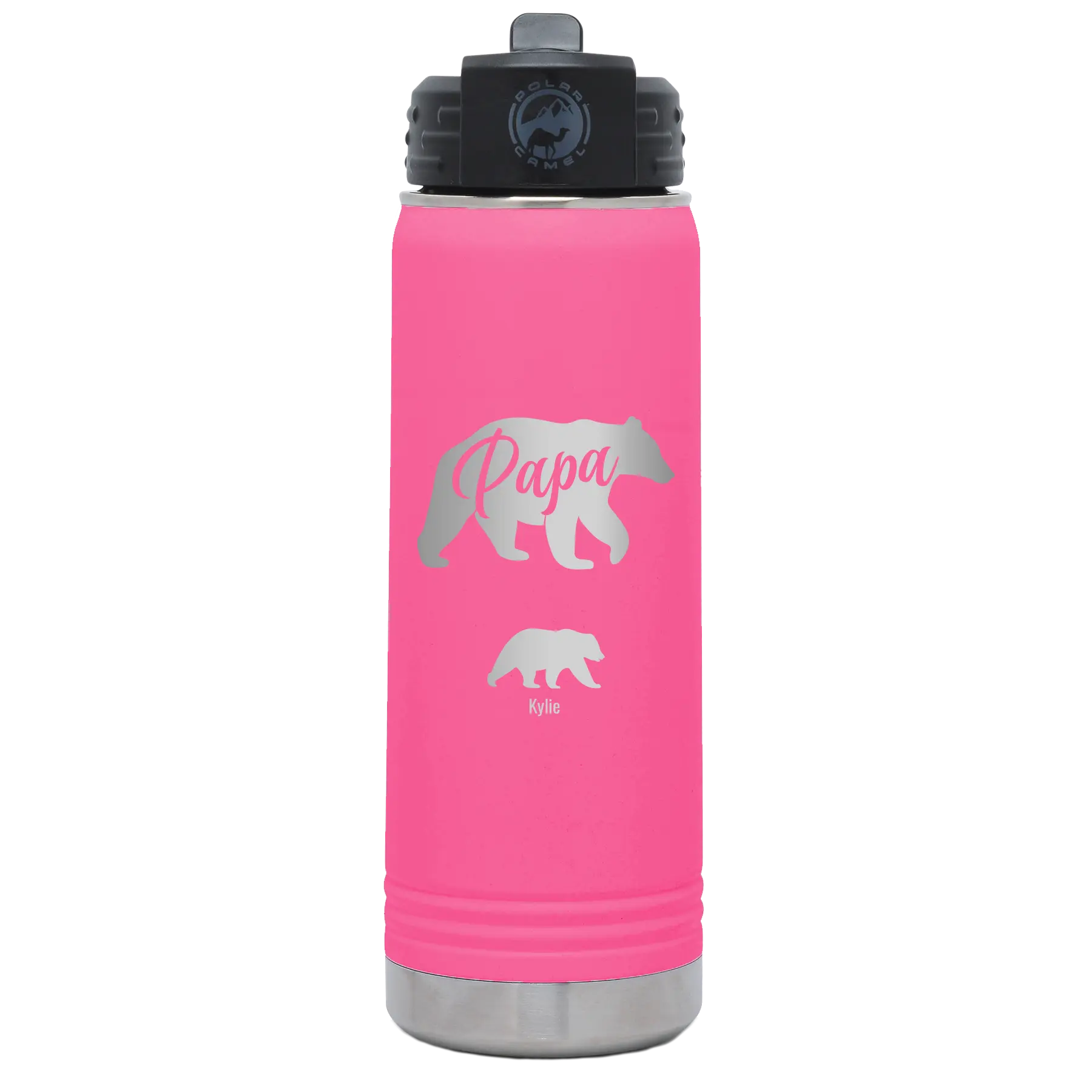 Personalized pink 20 oz vacuum insulated water bottle with 'Papa Bear 1 Baby Bear' design