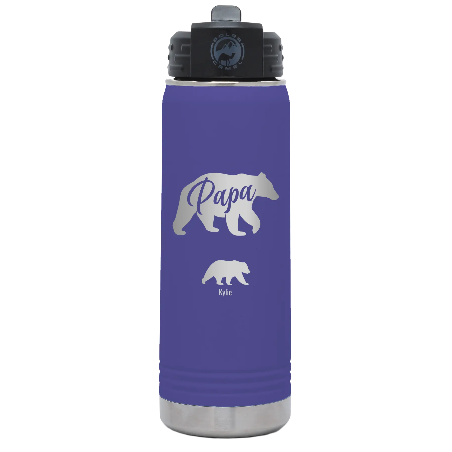 Personalized purple 20 oz vacuum insulated water bottle with 'Papa Bear 1 Baby Bear' design