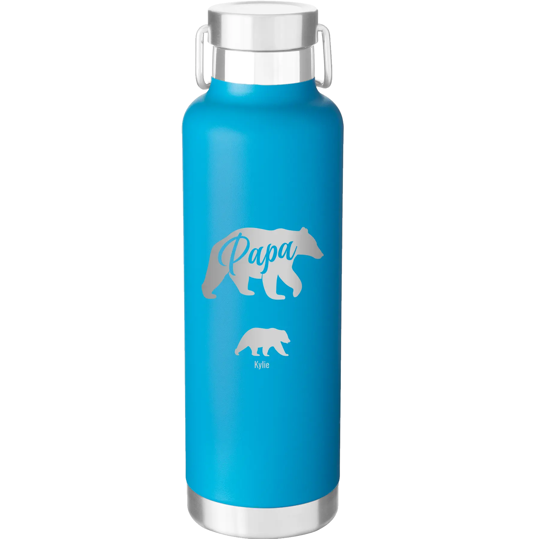 Personalized aqua 24 oz vacuum insulated water bottle with 'Papa Bear 1 Baby Bear' design