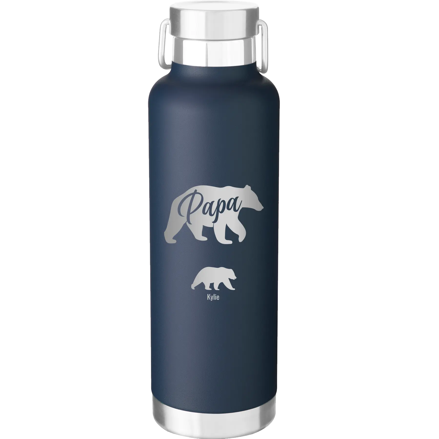 Personalized navy 24 oz vacuum insulated water bottle with 'Papa Bear 1 Baby Bear' design