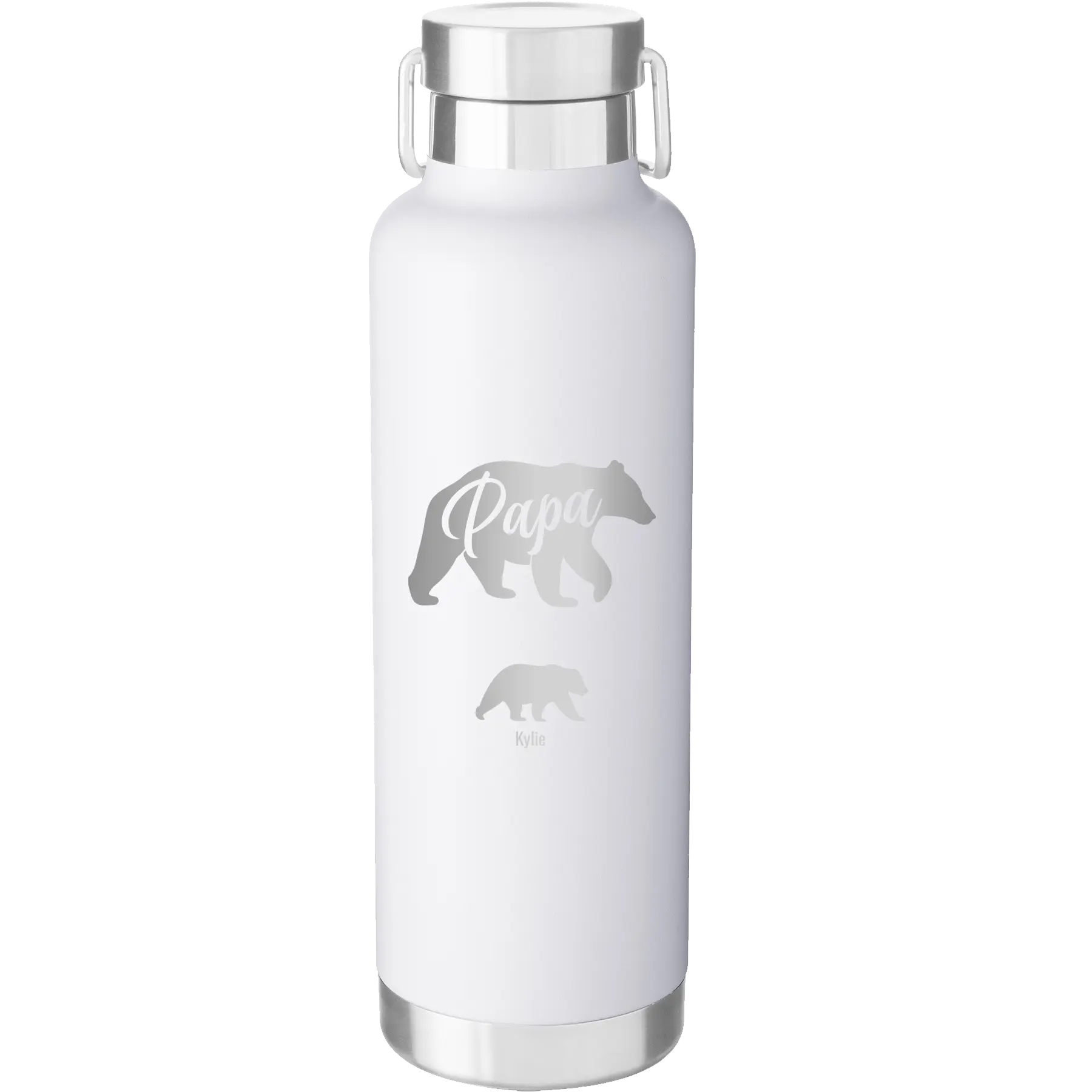 Personalized white 24 oz vacuum insulated water bottle with 'Papa Bear 1 Baby Bear' design