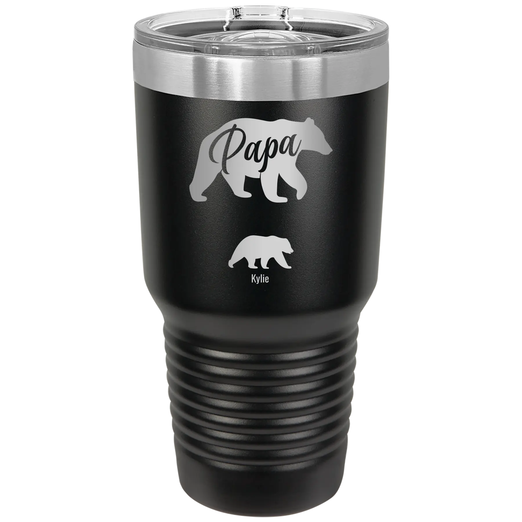 Personalized black 30 oz vacuum insulated tumbler with 'Papa Bear 1 Baby Bear' design