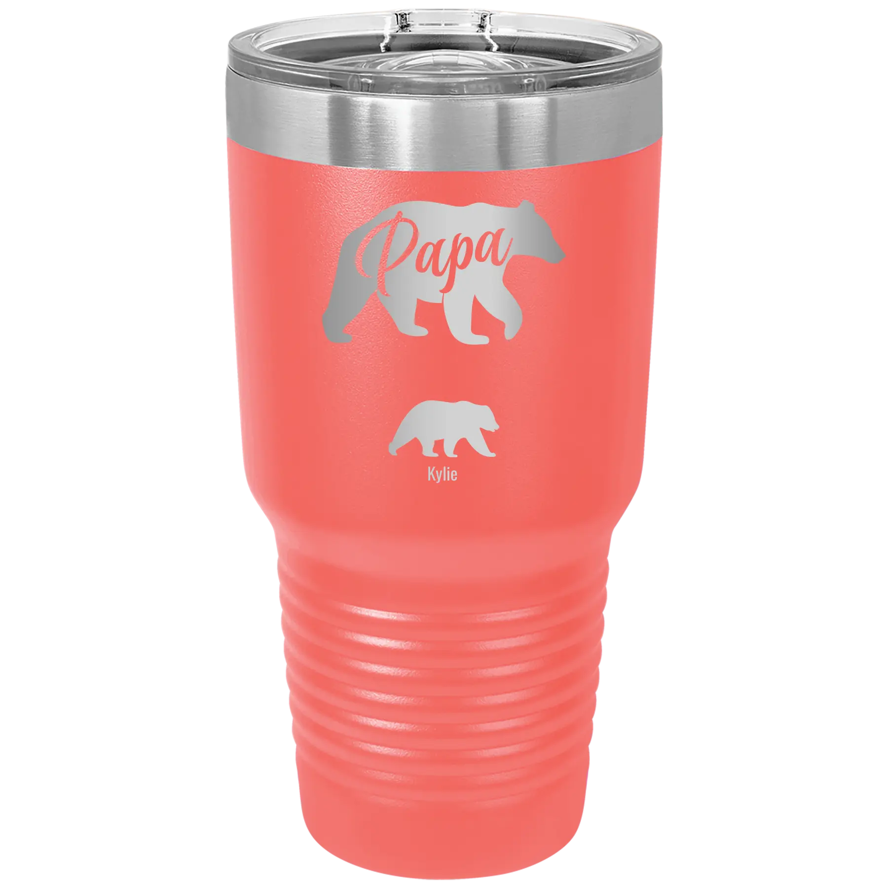 Personalized coral 30 oz vacuum insulated tumbler with 'Papa Bear 1 Baby Bear' design