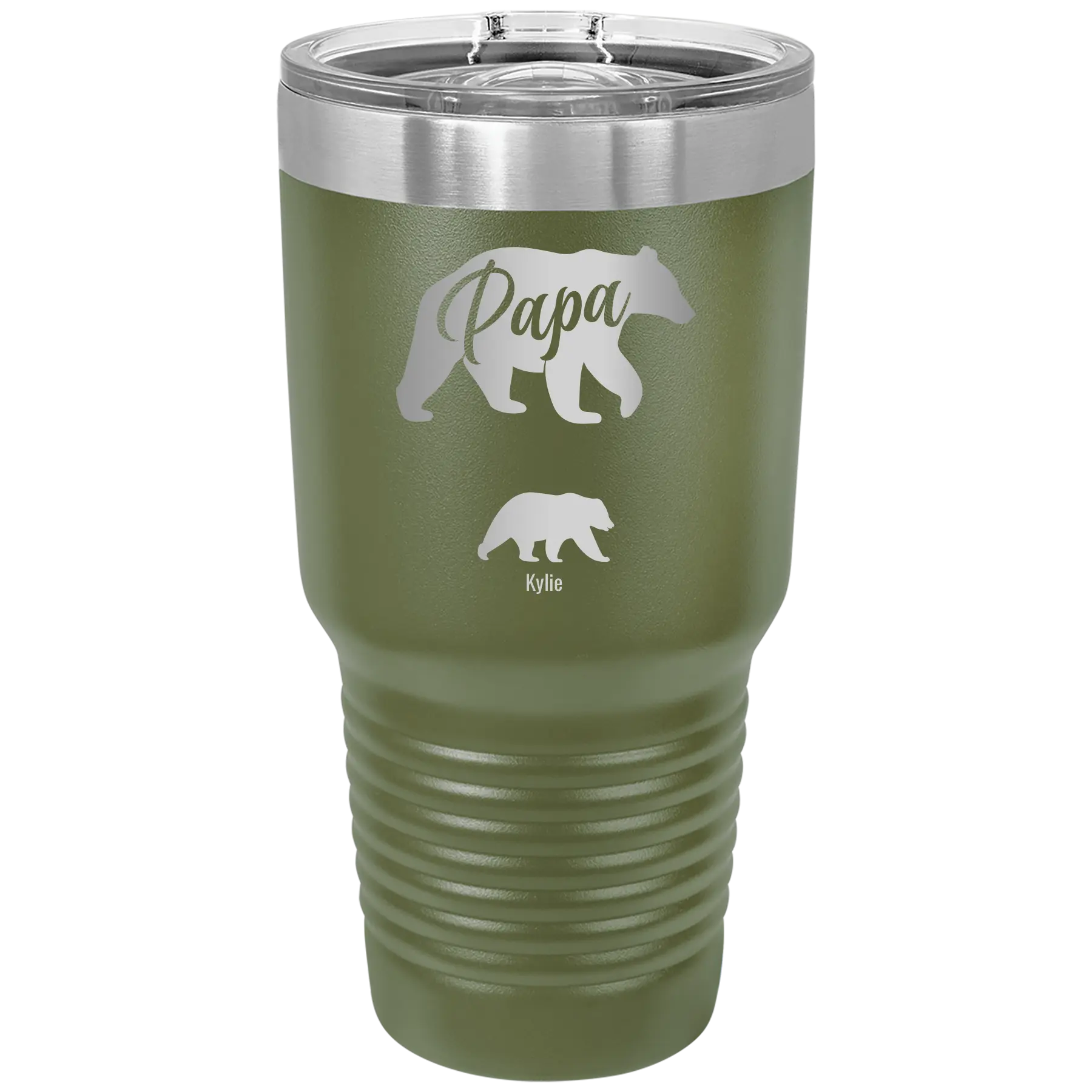 Personalized olive green 30 oz vacuum insulated tumbler with 'Papa Bear 1 Baby Bear' design