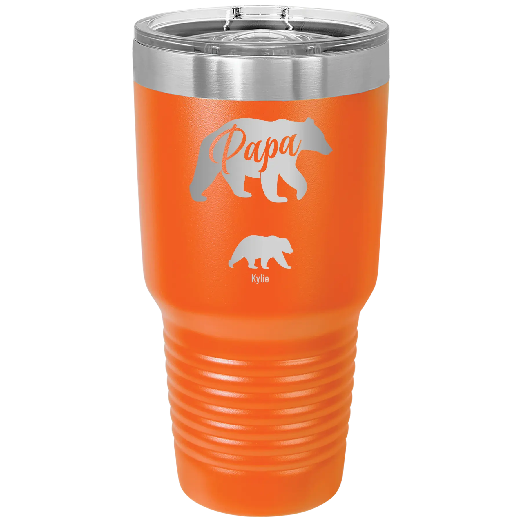 Personalized orange 30 oz vacuum insulated tumbler with 'Papa Bear 1 Baby Bear' design