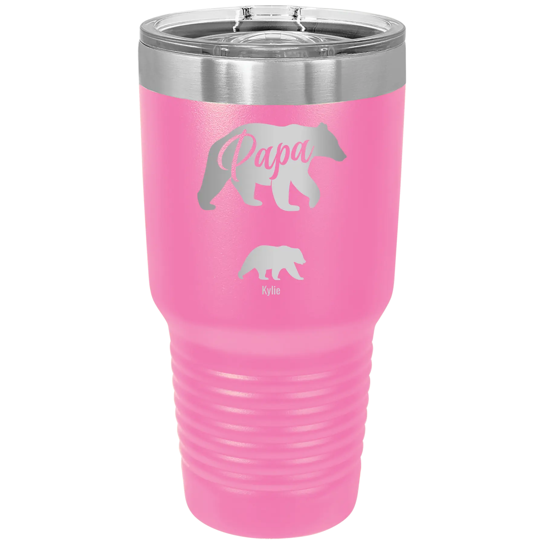 Personalized pink 30 oz vacuum insulated tumbler with 'Papa Bear 1 Baby Bear' design