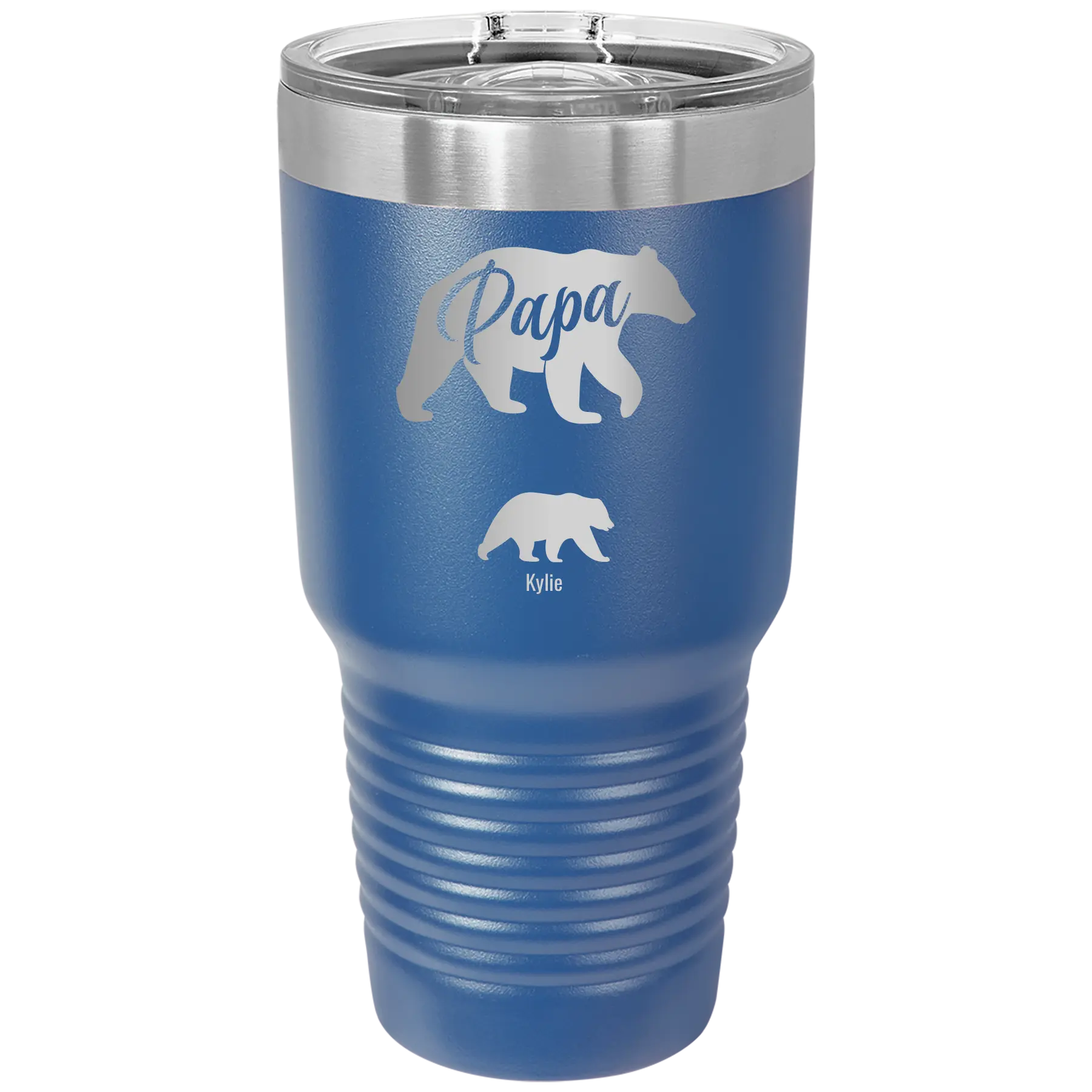 Personalized royal blue 30 oz vacuum insulated tumbler with 'Papa Bear 1 Baby Bear' design