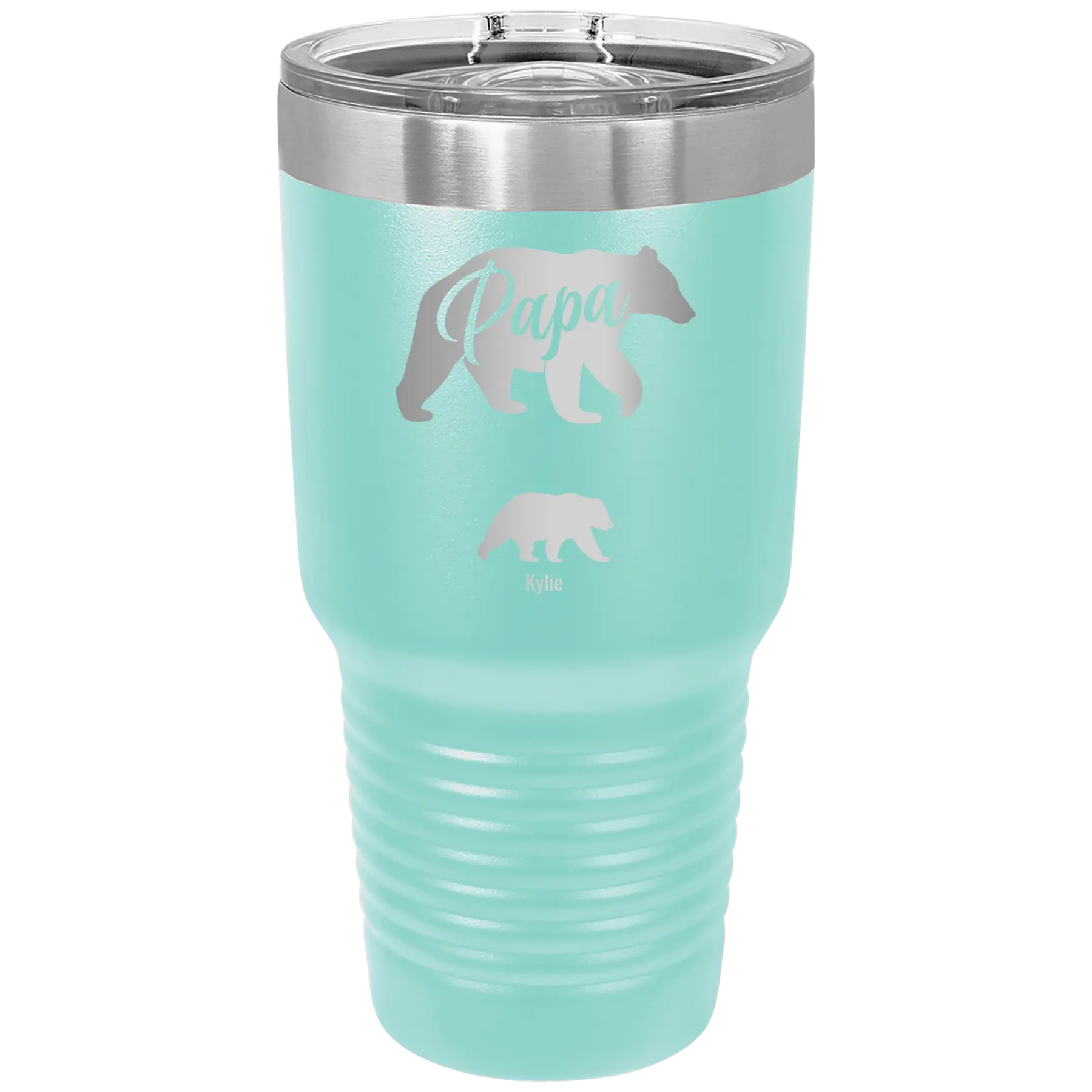 Personalized teal 30 oz vacuum insulated tumbler with 'Papa Bear 1 Baby Bear' design