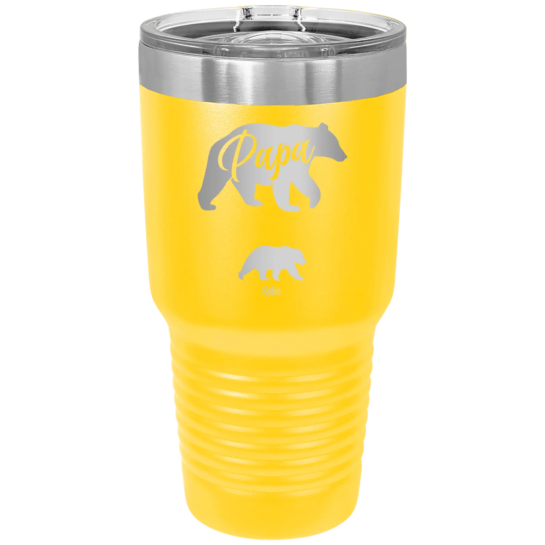 Personalized yellow 30 oz vacuum insulated tumbler with 'Papa Bear 1 Baby Bear' design