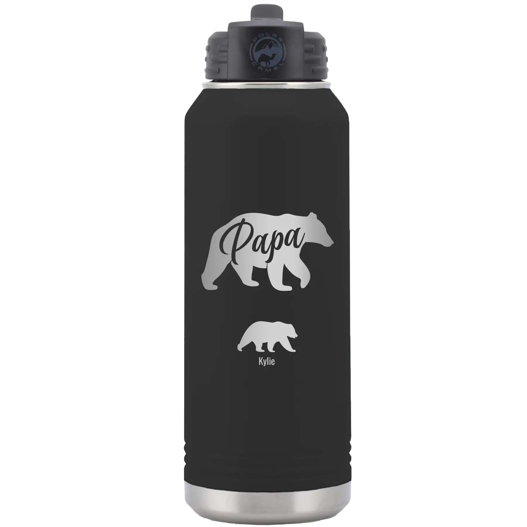 Personalized black 32 oz vacuum insulated water bottle with 'Papa Bear 1 Baby Bear' design