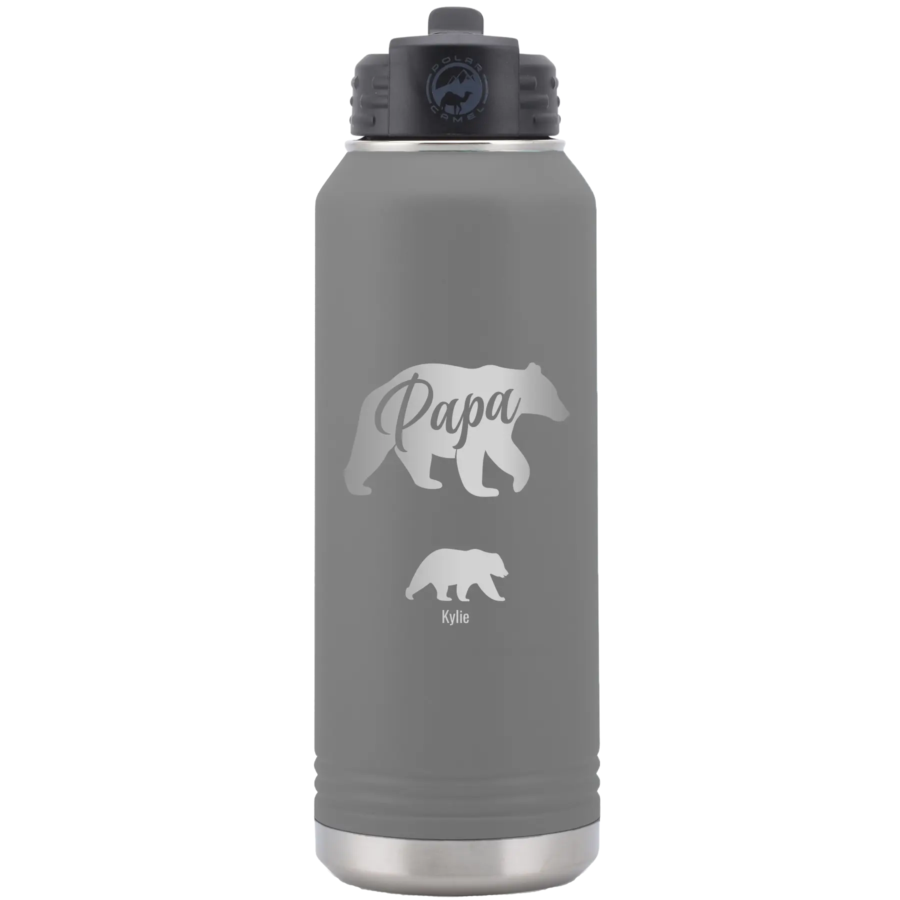 Personalized dark gray 32 oz vacuum insulated water bottle with 'Papa Bear 1 Baby Bear' design