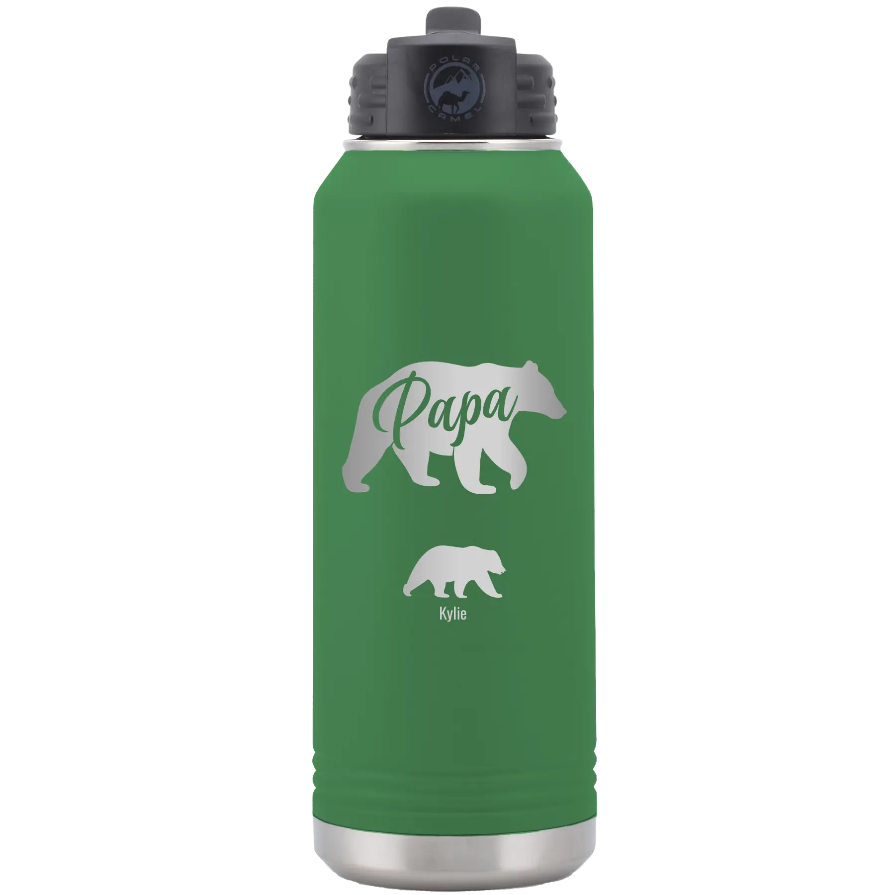 Personalized green 32 oz vacuum insulated water bottle with 'Papa Bear 1 Baby Bear' design