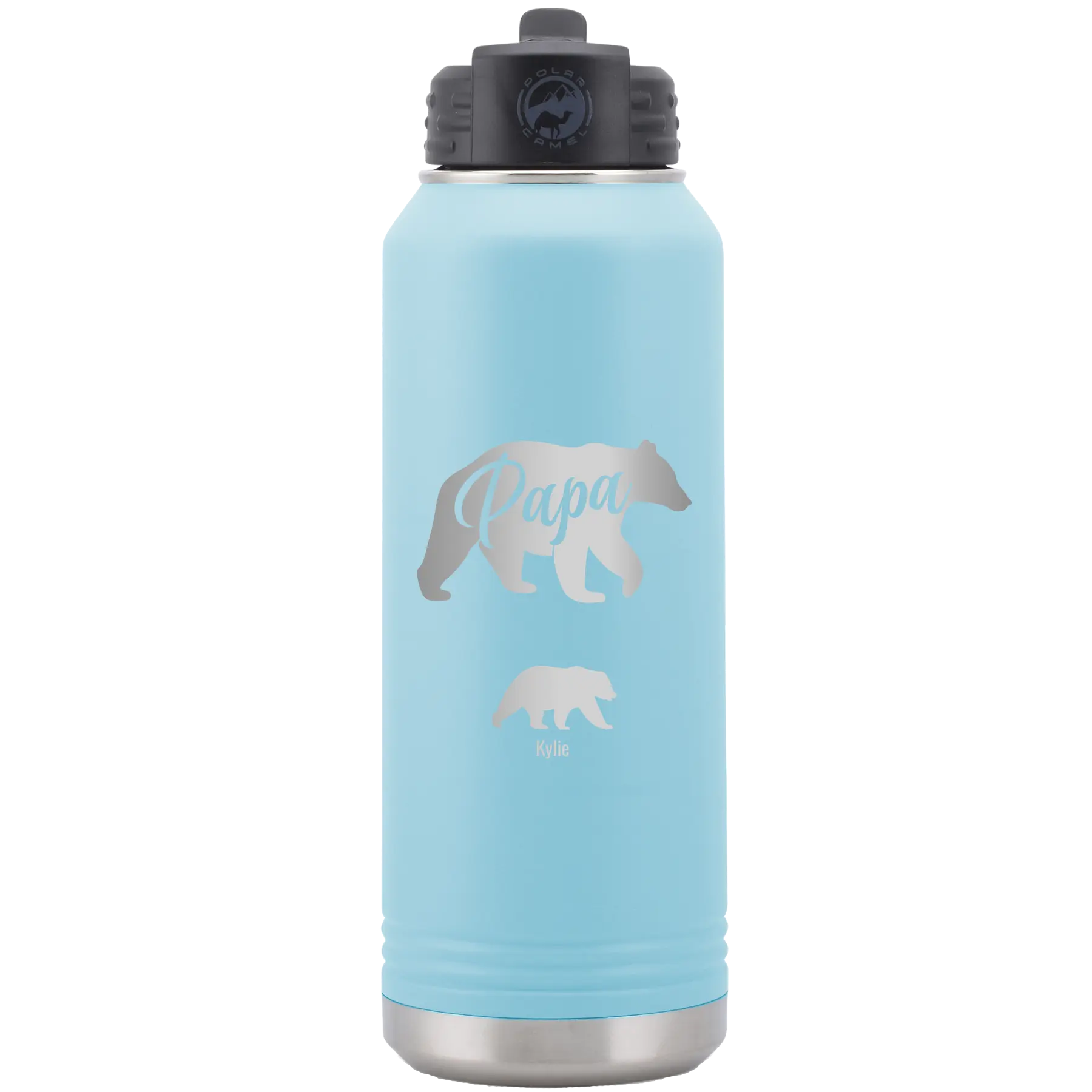 Personalized light blue 32 oz vacuum insulated water bottle with 'Papa Bear 1 Baby Bear' design