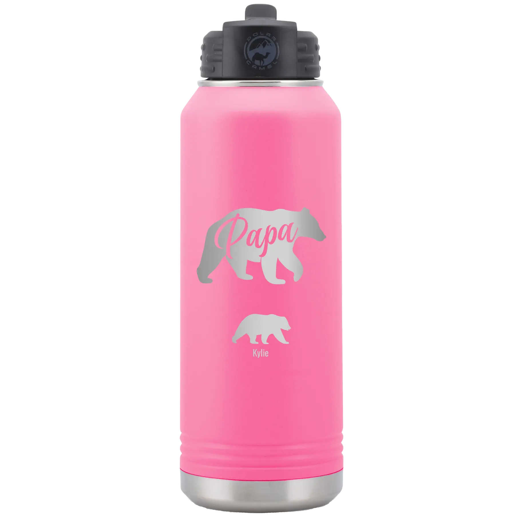 Personalized pink 32 oz vacuum insulated water bottle with 'Papa Bear 1 Baby Bear' design