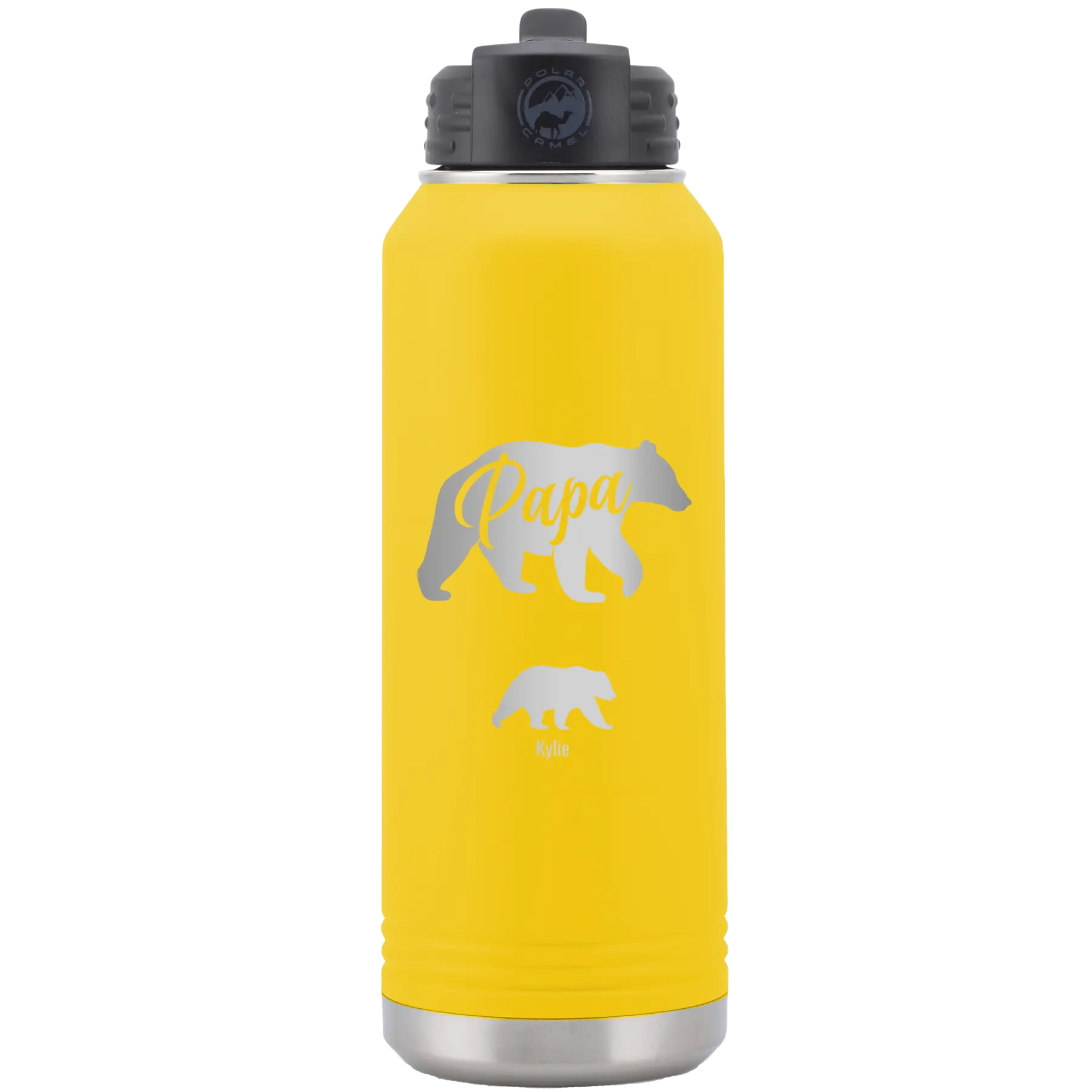 Personalized yellow 32 oz vacuum insulated water bottle with 'Papa Bear 1 Baby Bear' design