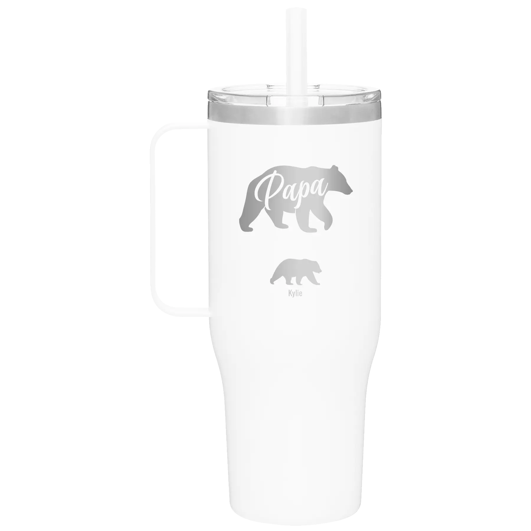 Personalized white 40 oz vacuum insulated tumbler mug with 'Papa Bear 1 Baby Bear' design