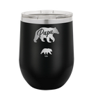 Personalized black 12 oz vacuum insulated wine cup with 'Papa Bear 1 Baby Bear' design