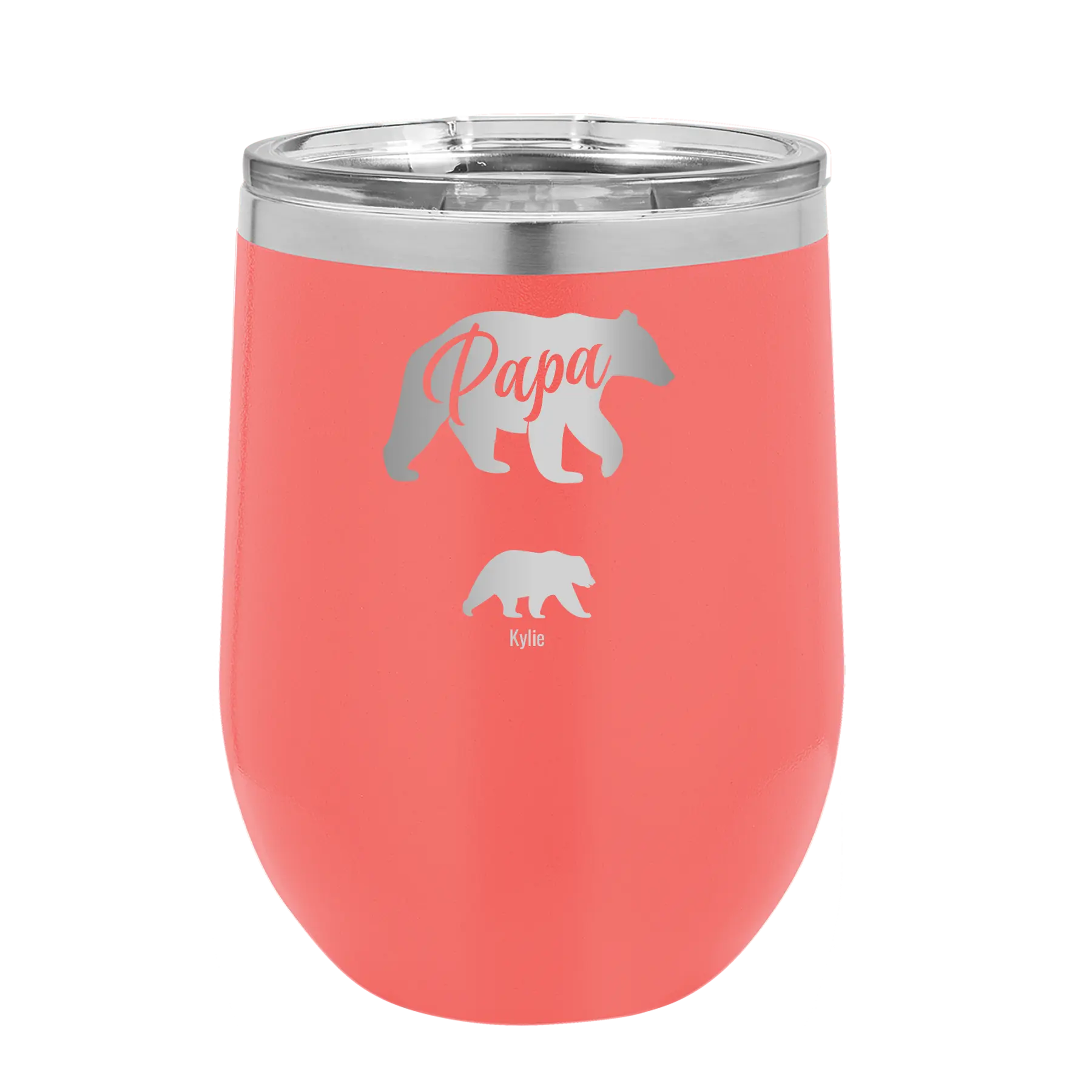 Personalized coral 12 oz vacuum insulated wine cup with 'Papa Bear 1 Baby Bear' design