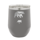 Personalized dark gray 12 oz vacuum insulated wine cup with 'Papa Bear 1 Baby Bear' design