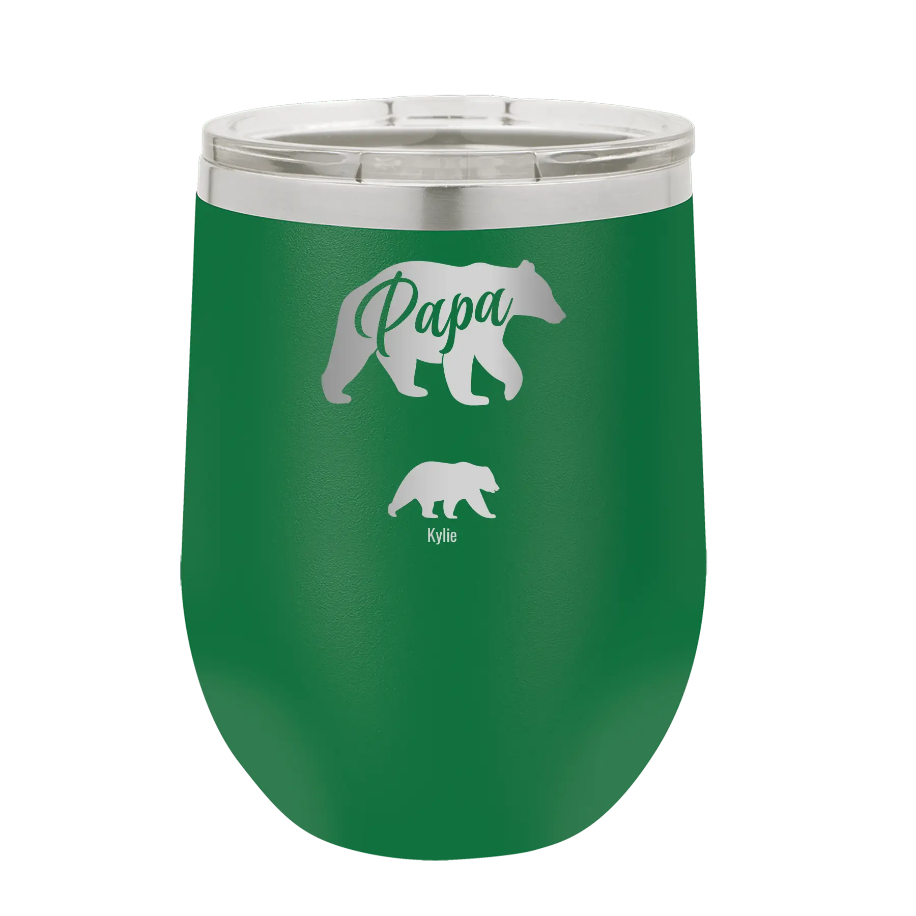 Personalized green 12 oz vacuum insulated wine cup with 'Papa Bear 1 Baby Bear' design