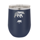 Personalized navy 12 oz vacuum insulated wine cup with 'Papa Bear 1 Baby Bear' design