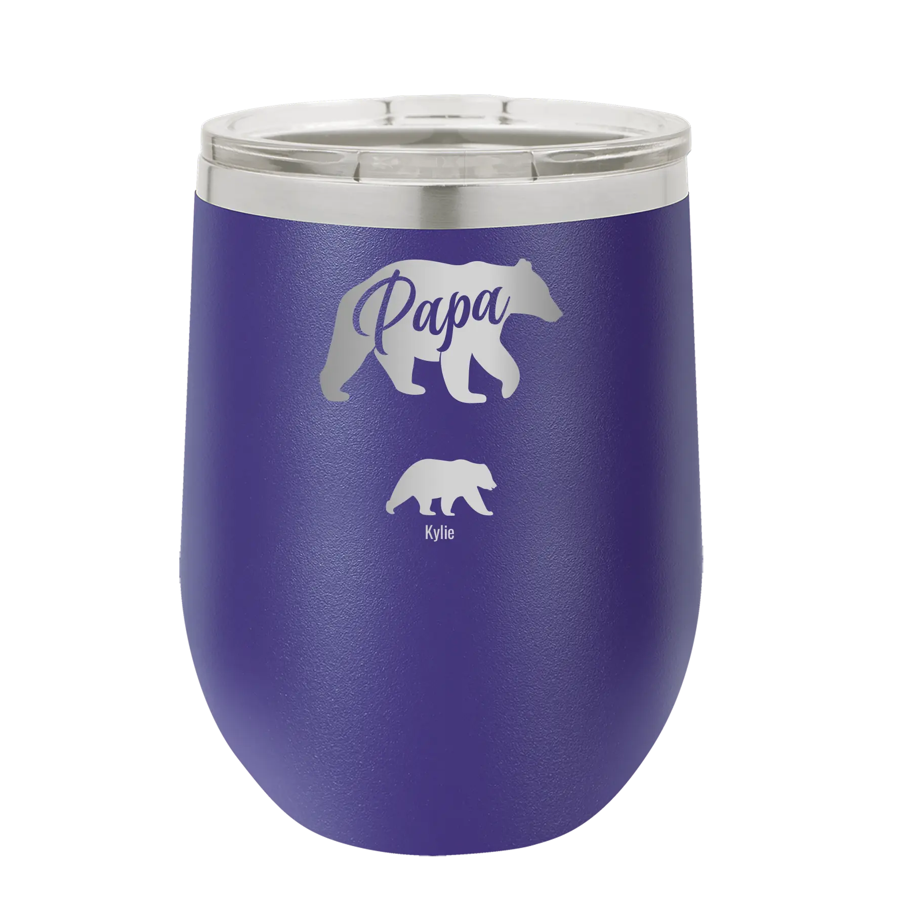 Personalized purple 12 oz vacuum insulated wine cup with 'Papa Bear 1 Baby Bear' design