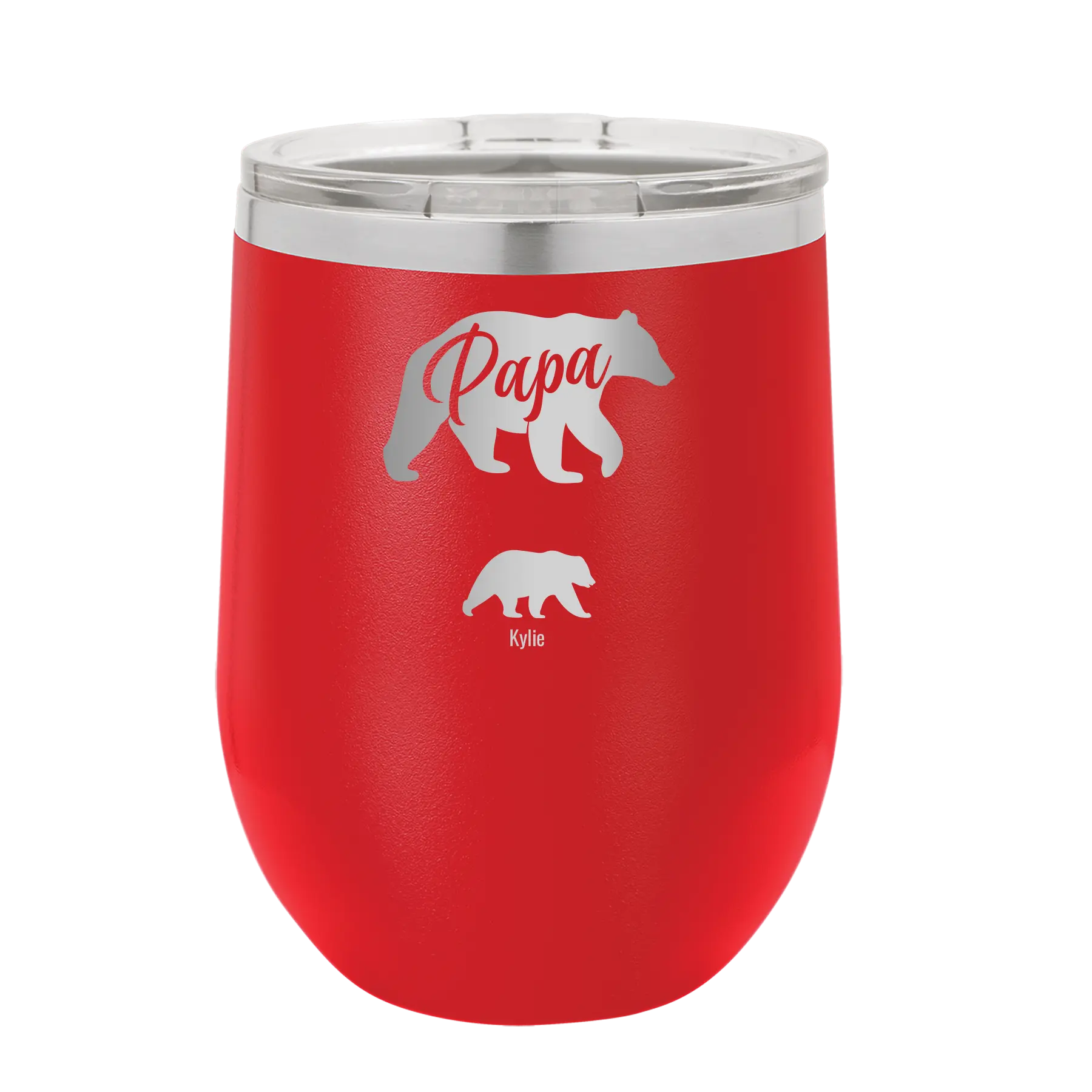 Personalized red 12 oz vacuum insulated wine cup with 'Papa Bear 1 Baby Bear' design