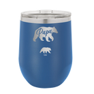 Personalized royal blue 12 oz vacuum insulated wine cup with 'Papa Bear 1 Baby Bear' design