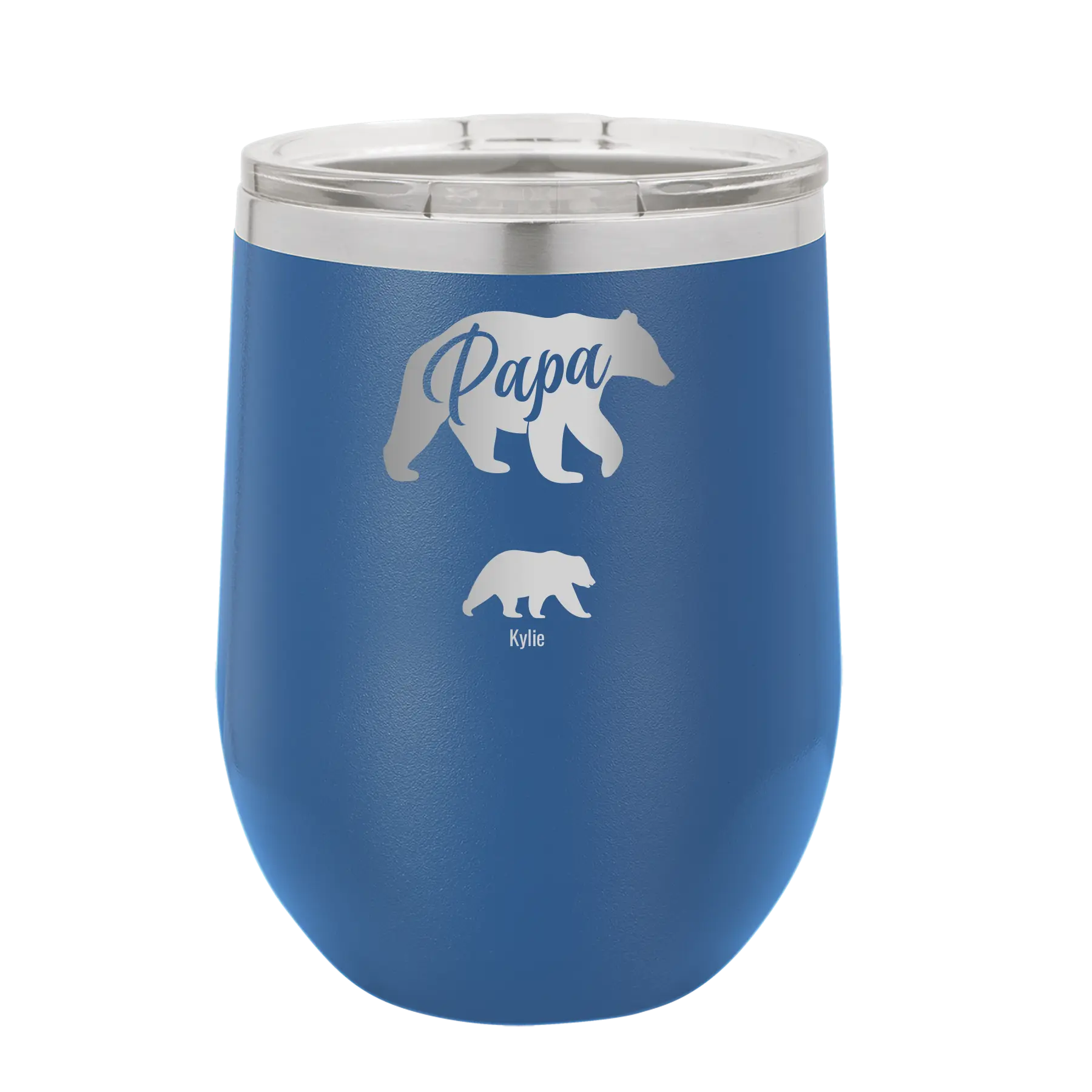 Personalized royal blue 12 oz vacuum insulated wine cup with 'Papa Bear 1 Baby Bear' design