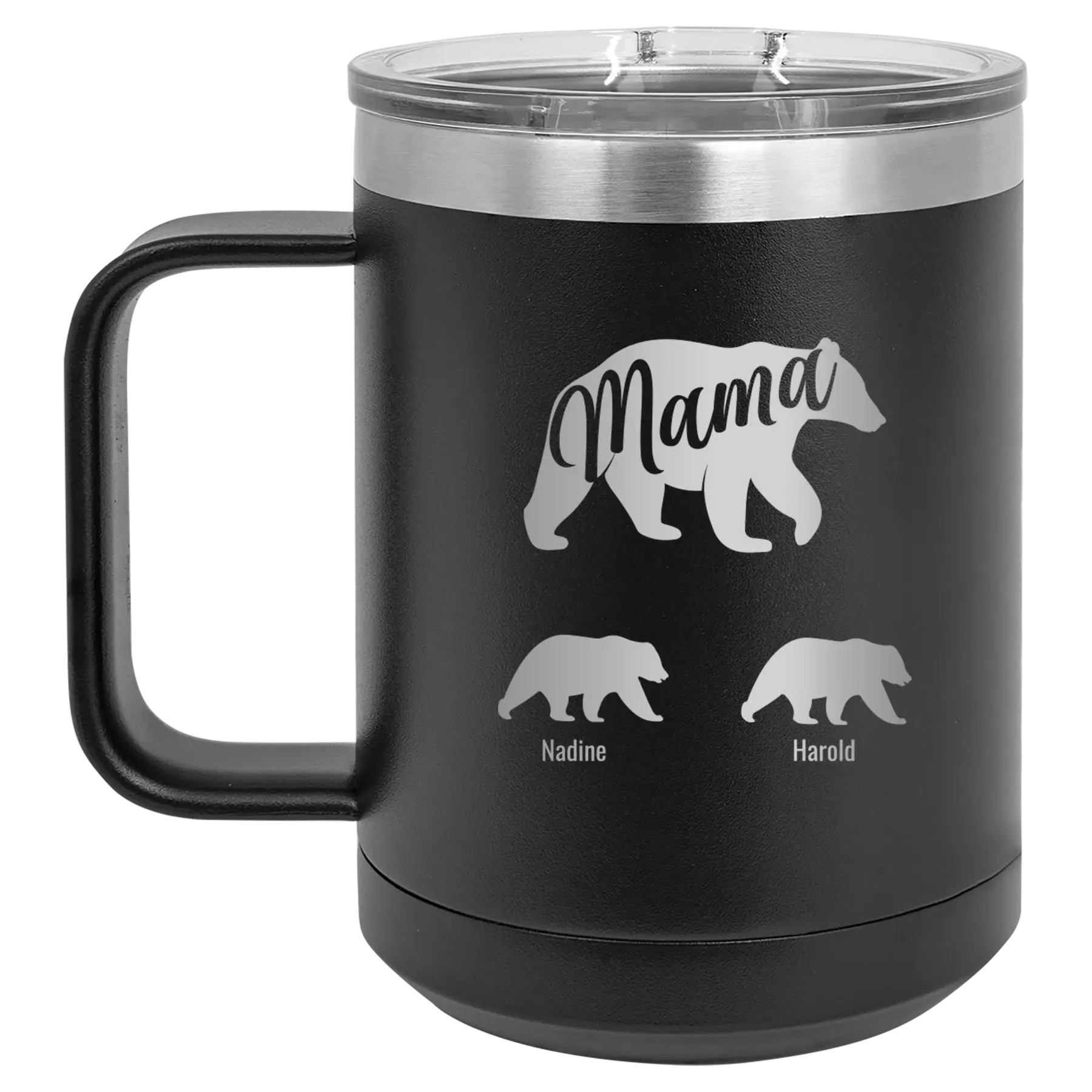 Personalized black 15 oz vacuum insulated coffee mug with 'Mama Bear 2 Baby Bears' design
