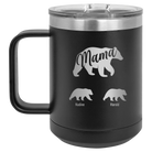 Personalized black 15 oz vacuum insulated coffee mug with 'Mama Bear 2 Baby Bears' design