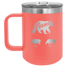 Personalized coral 15 oz vacuum insulated coffee mug with 'Mama Bear 2 Baby Bears' design