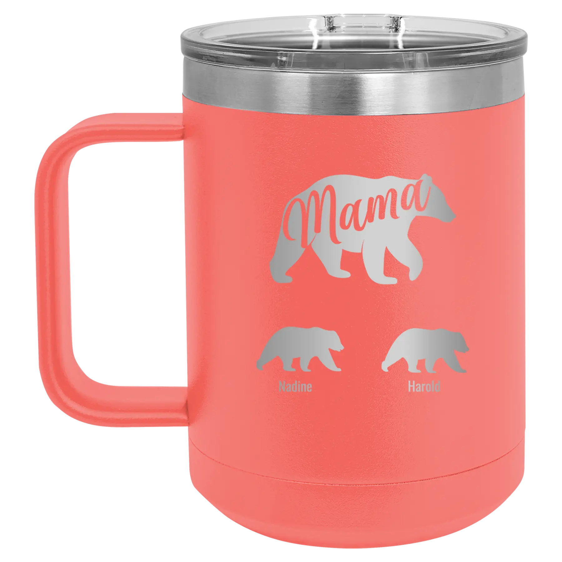 Personalized coral 15 oz vacuum insulated coffee mug with 'Mama Bear 2 Baby Bears' design