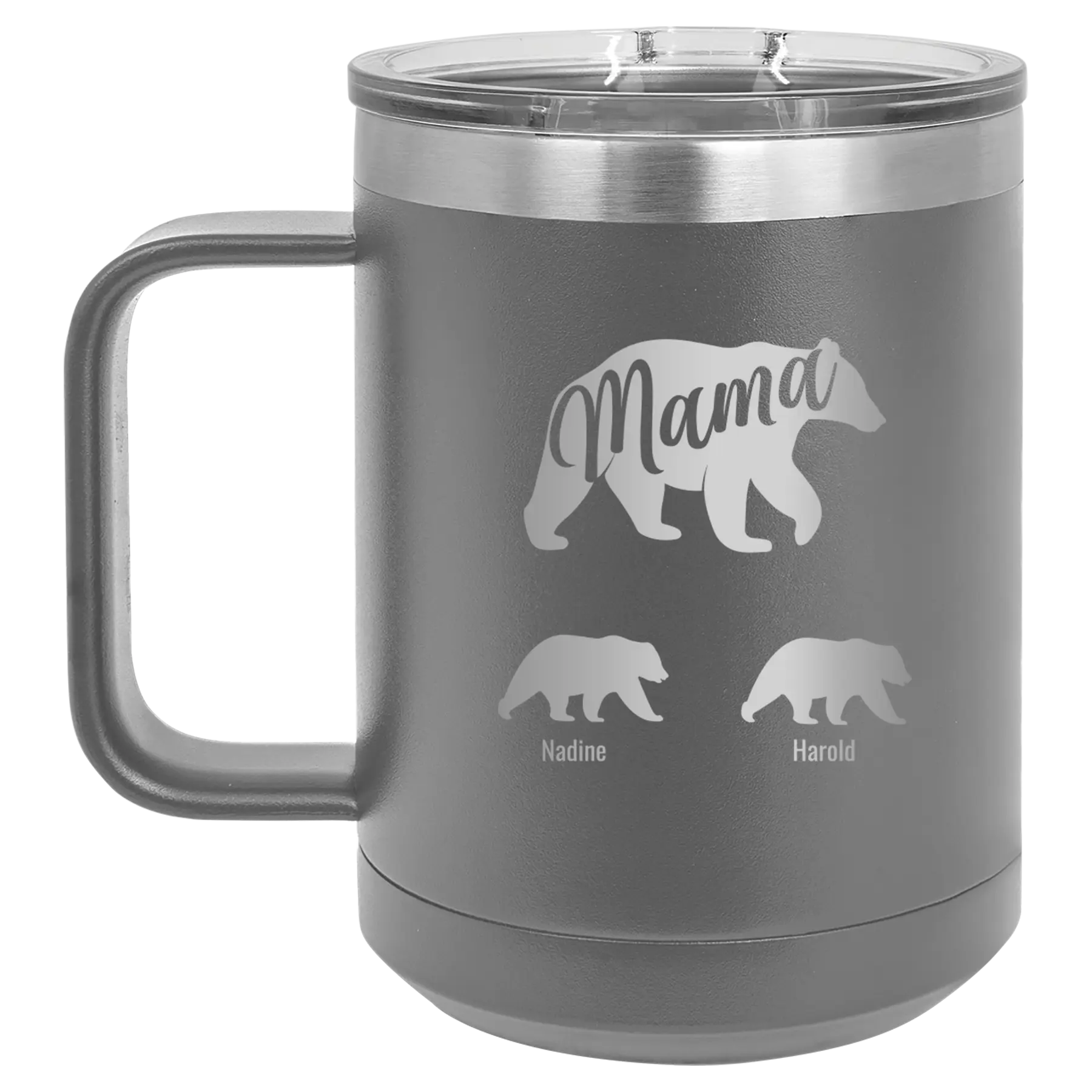 Personalized dark gray 15 oz vacuum insulated coffee mug with 'Mama Bear 2 Baby Bears' design