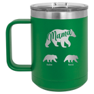 Personalized green 15 oz vacuum insulated coffee mug with 'Mama Bear 2 Baby Bears' design