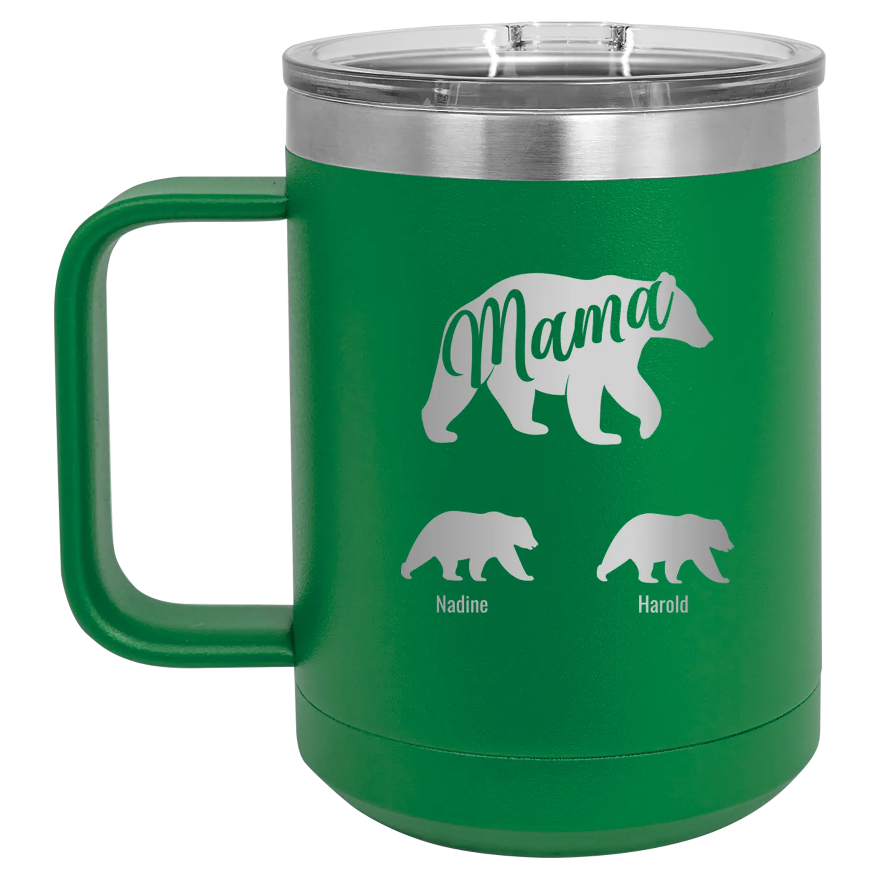 Personalized green 15 oz vacuum insulated coffee mug with 'Mama Bear 2 Baby Bears' design