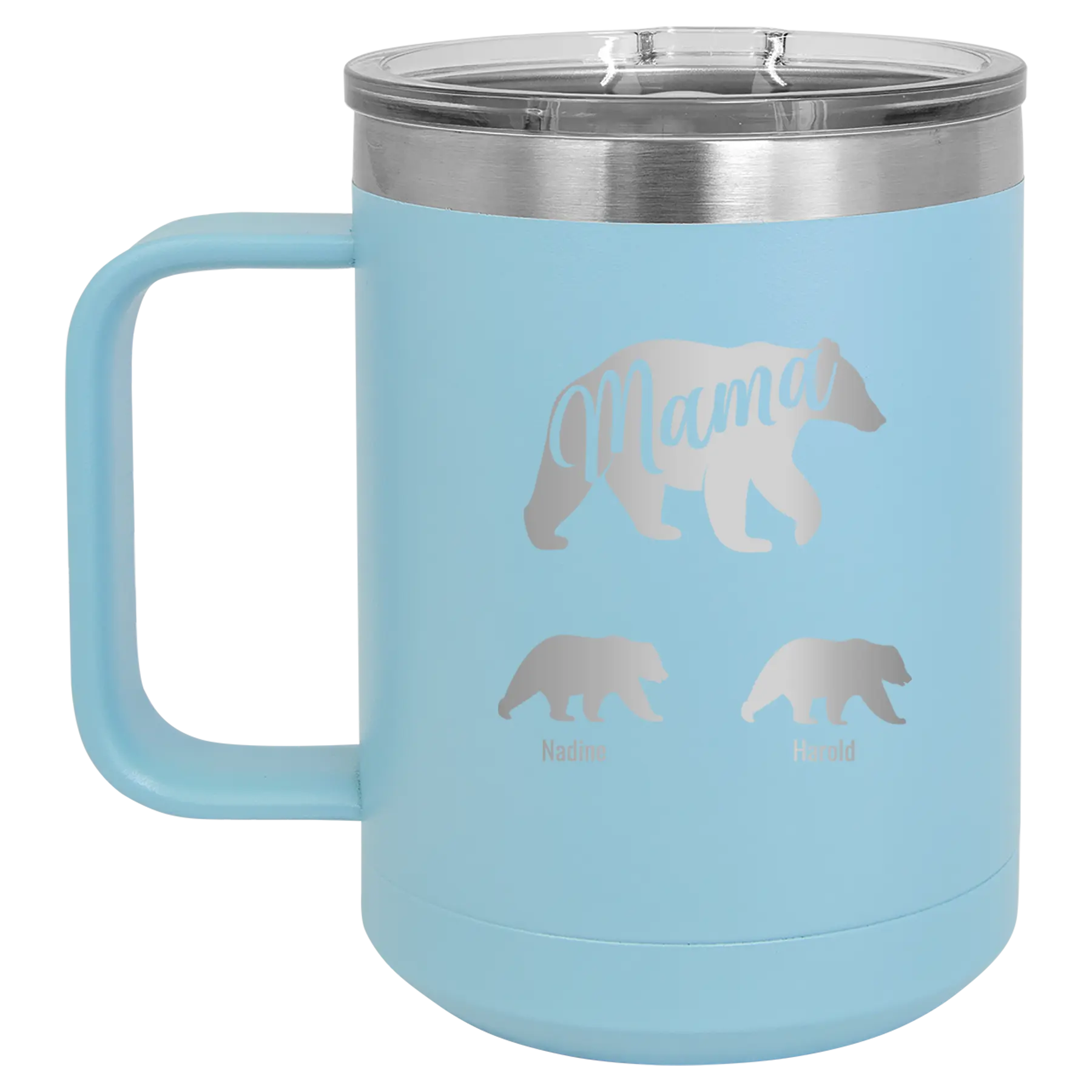Personalized light blue 15 oz vacuum insulated coffee mug with 'Mama Bear 2 Baby Bears' design