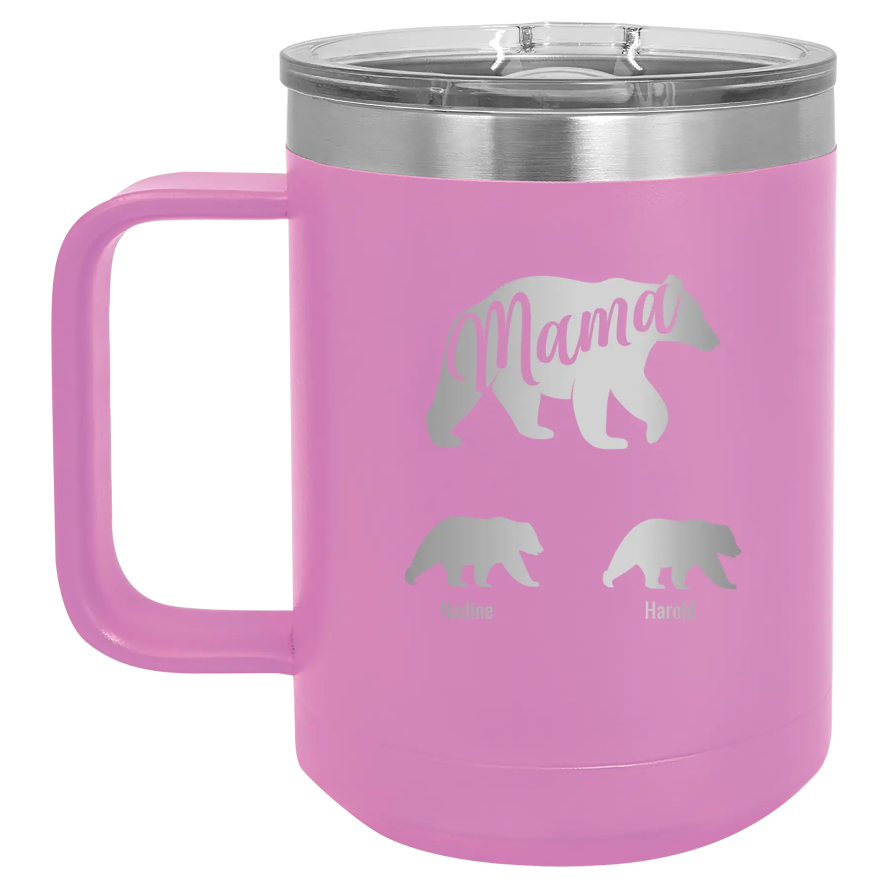 Personalized light purple 15 oz vacuum insulated coffee mug with 'Mama Bear 2 Baby Bears' design