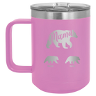 Personalized light purple 15 oz vacuum insulated coffee mug with 'Mama Bear 2 Baby Bears' design