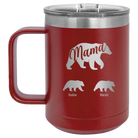 Personalized maroon 15 oz vacuum insulated coffee mug with 'Mama Bear 2 Baby Bears' design