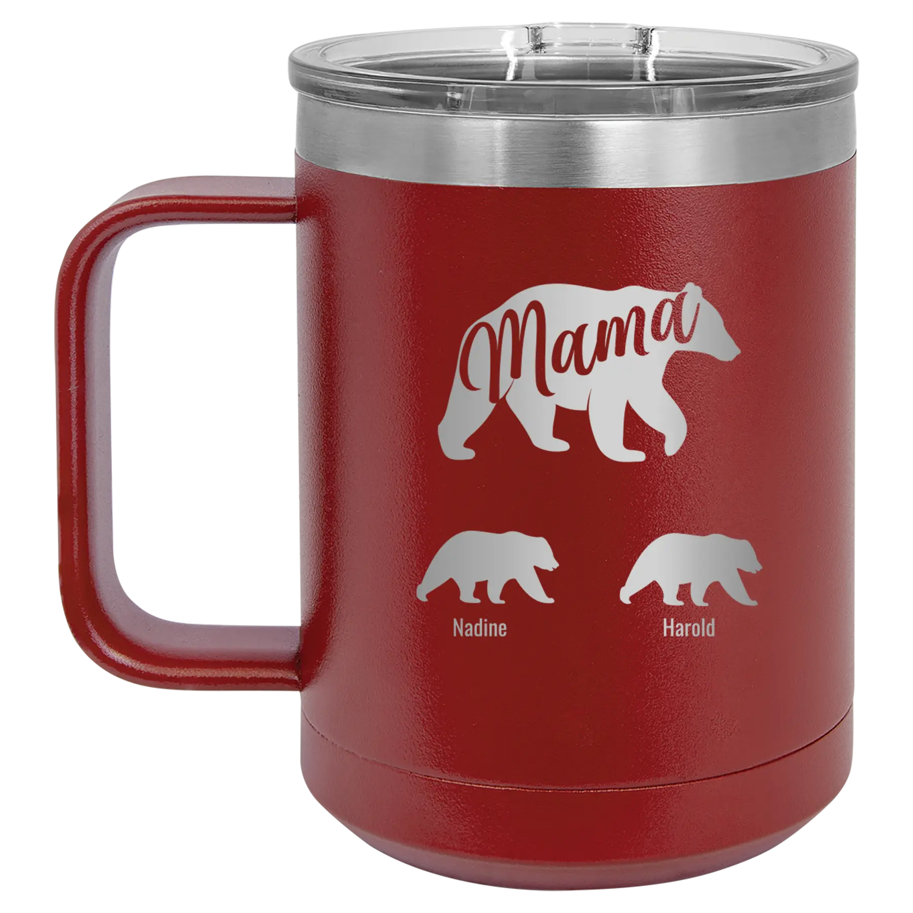 Personalized maroon 15 oz vacuum insulated coffee mug with 'Mama Bear 2 Baby Bears' design