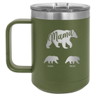 Personalized olive green 15 oz vacuum insulated coffee mug with 'Mama Bear 2 Baby Bears' design