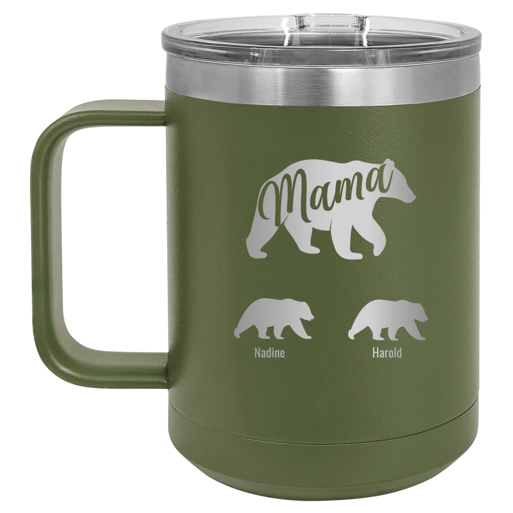 Personalized olive green 15 oz vacuum insulated coffee mug with 'Mama Bear 2 Baby Bears' design