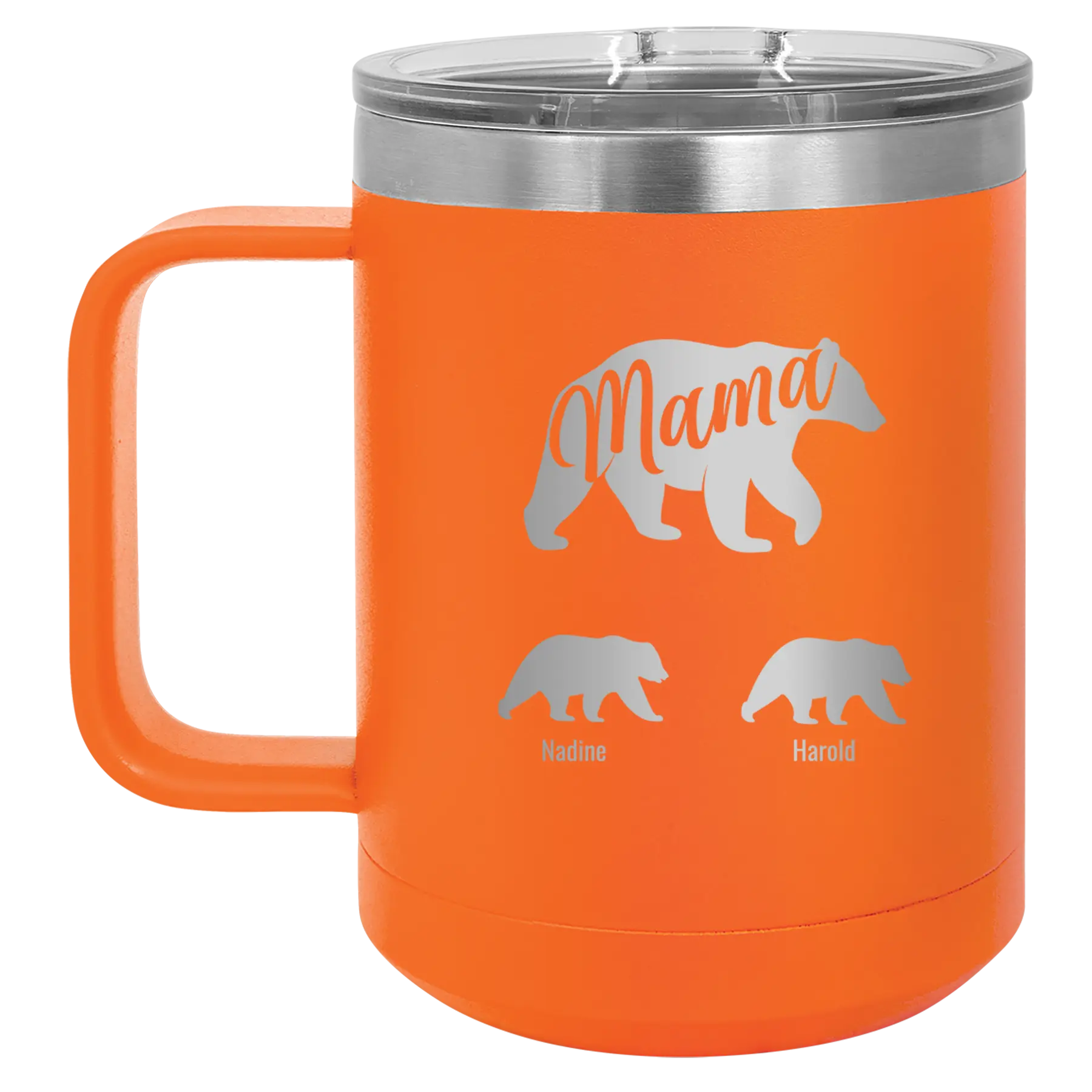 Personalized orange 15 oz vacuum insulated coffee mug with 'Mama Bear 2 Baby Bears' design