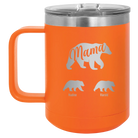 Personalized orange 15 oz vacuum insulated coffee mug with 'Mama Bear 2 Baby Bears' design