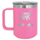 Personalized pink 15 oz vacuum insulated coffee mug with 'Mama Bear 2 Baby Bears' design