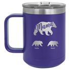 Personalized purple 15 oz vacuum insulated coffee mug with 'Mama Bear 2 Baby Bears' design