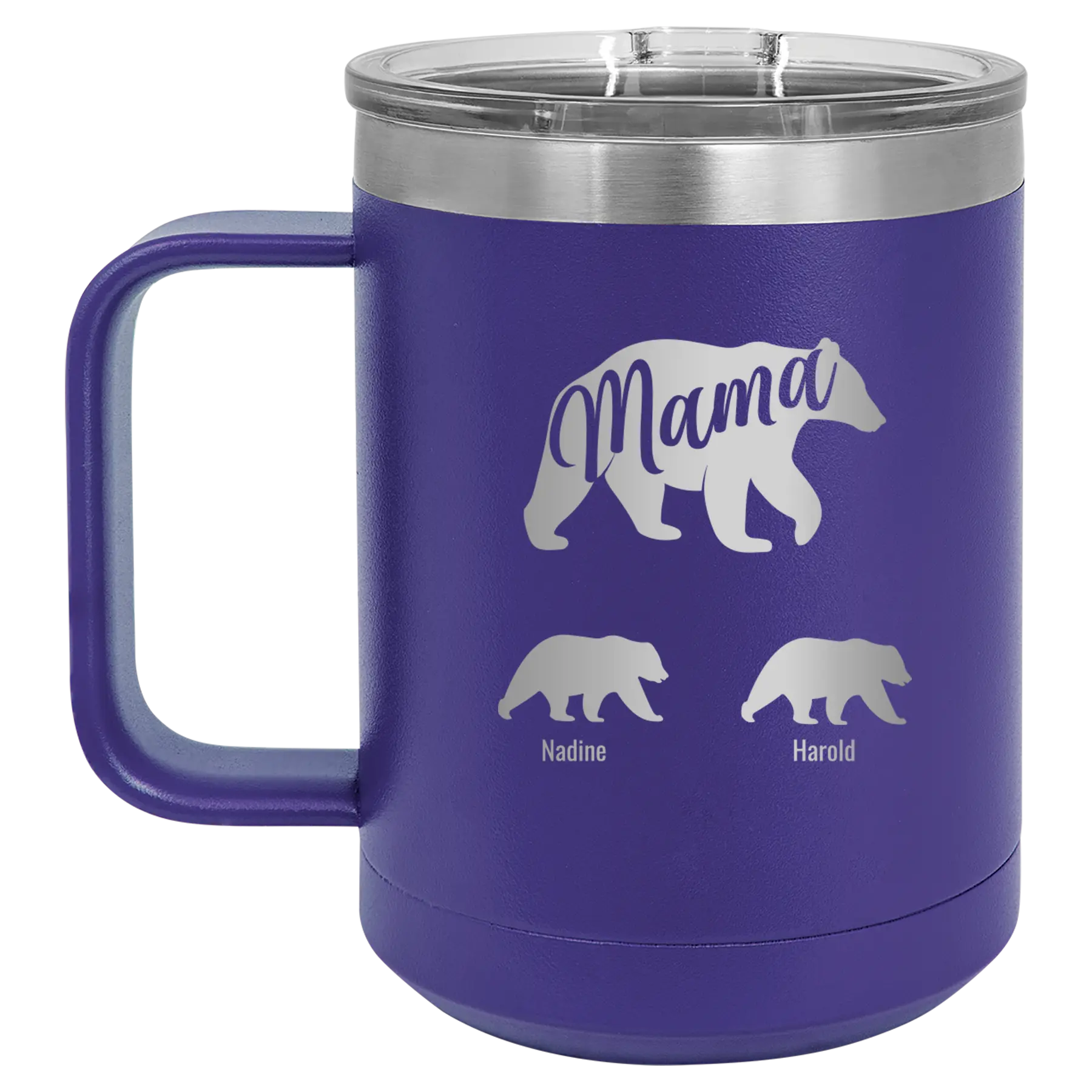 Personalized purple 15 oz vacuum insulated coffee mug with 'Mama Bear 2 Baby Bears' design