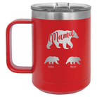 Personalized red 15 oz vacuum insulated coffee mug with 'Mama Bear 2 Baby Bears' design