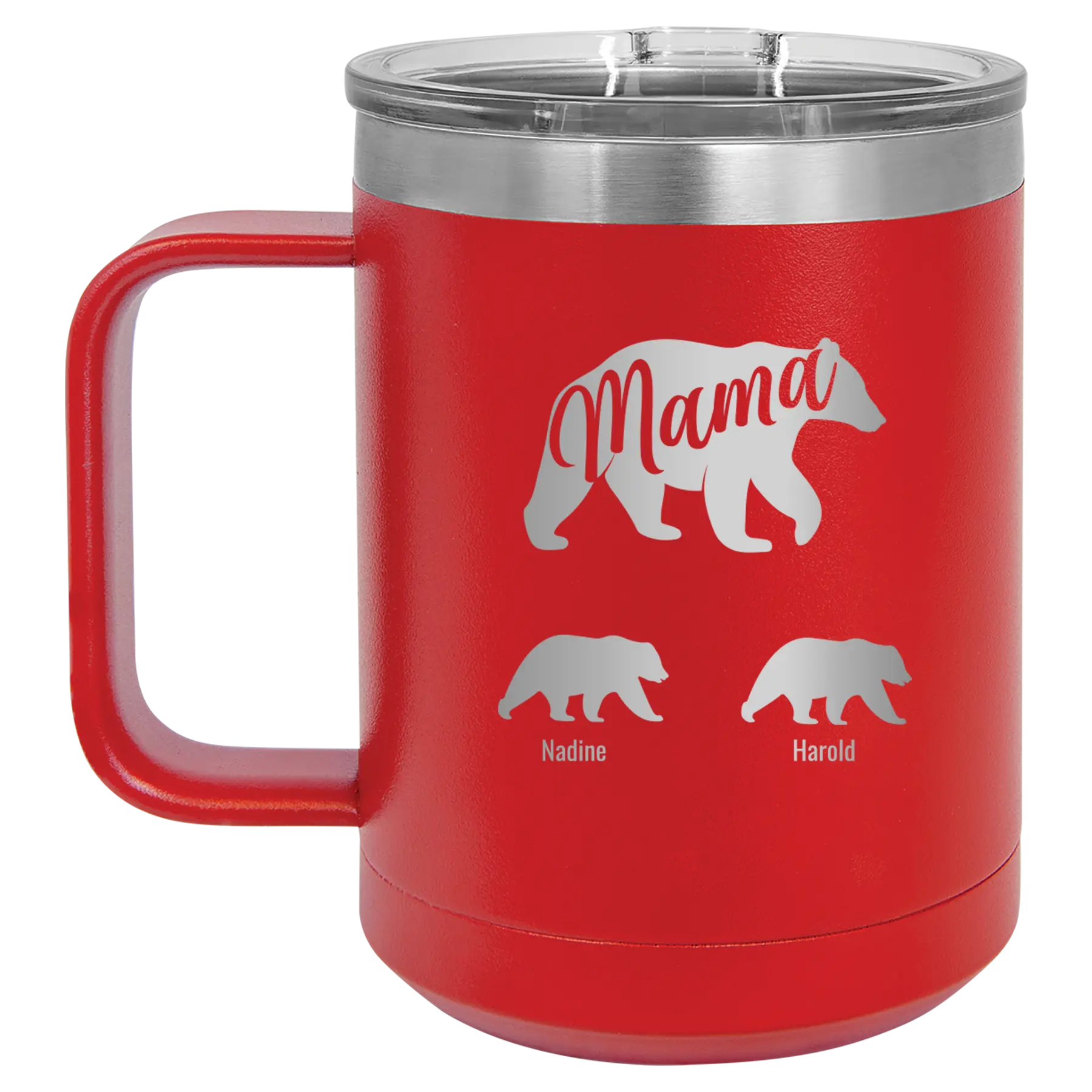 Personalized red 15 oz vacuum insulated coffee mug with 'Mama Bear 2 Baby Bears' design